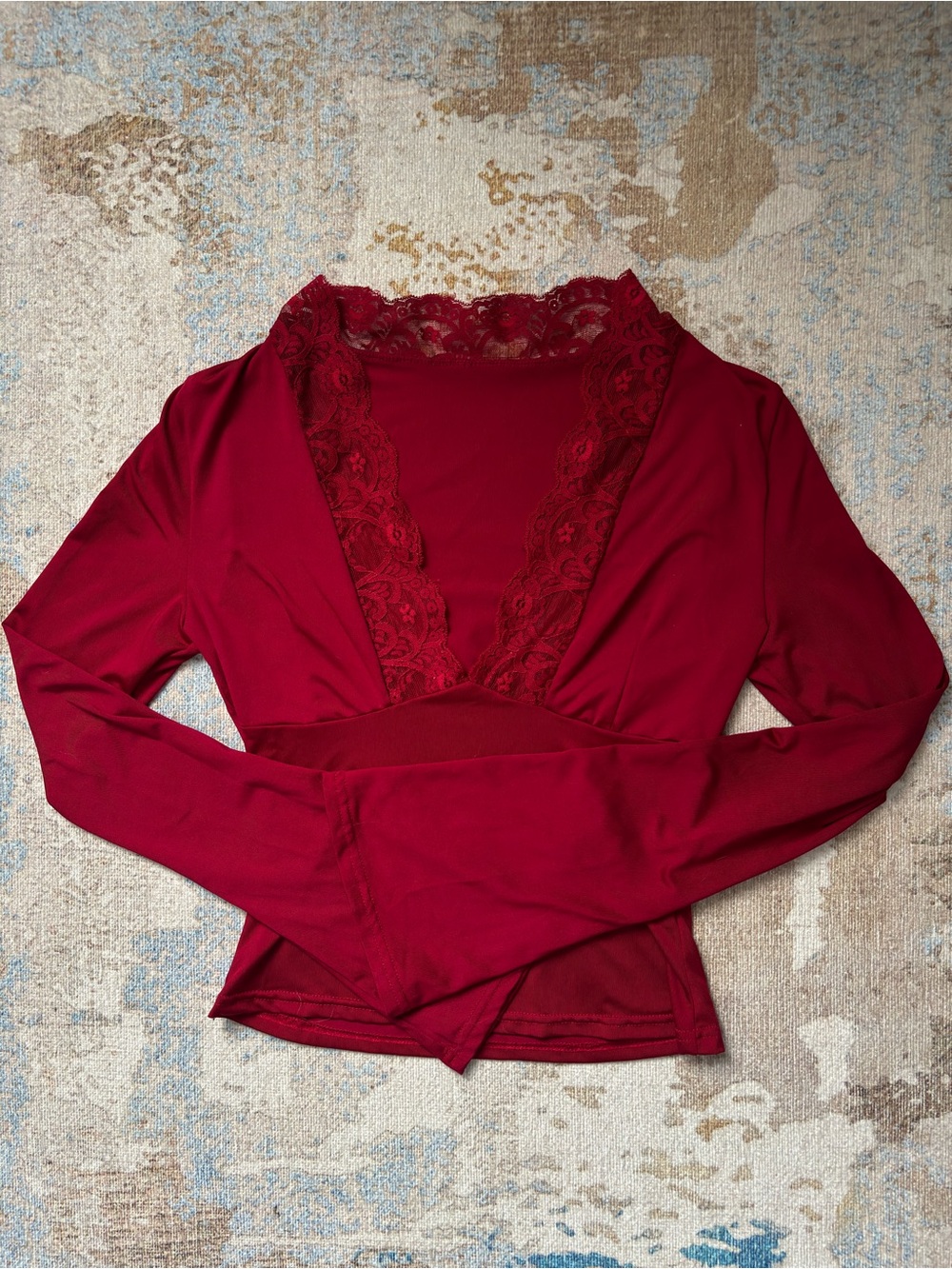 Women's Lace Trim Deep V Long Sleeve Top - Red